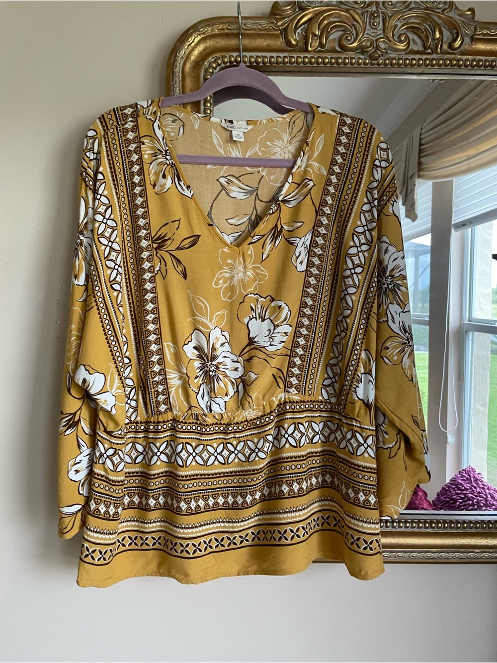 Casual Floral Mustard Rayon Bat Wing Sleeve Boho Beach Top M